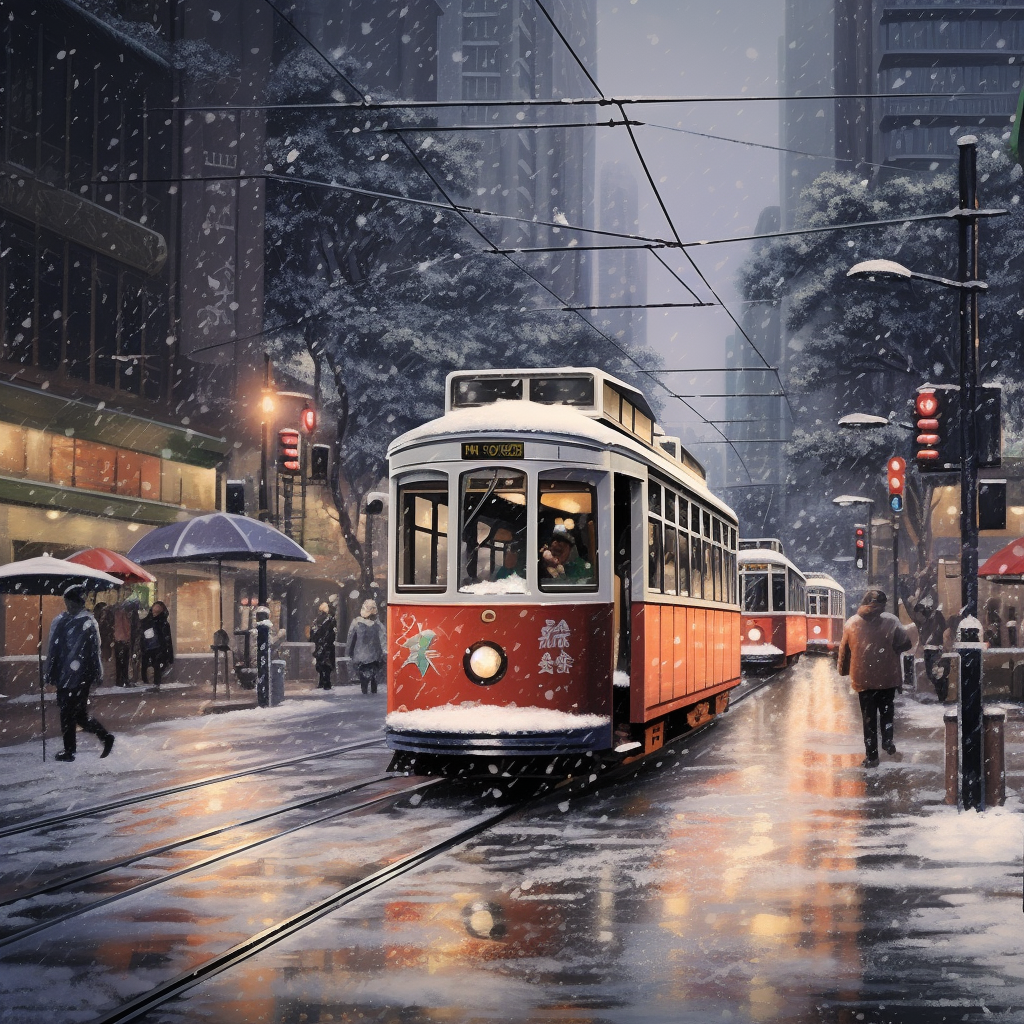 Snow-covered streets of Hong Kong Central tram