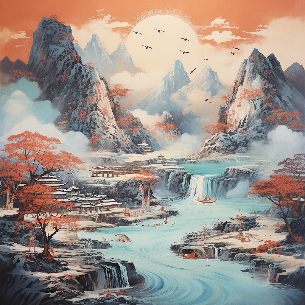 Red-themed Scenic Landscape Painting