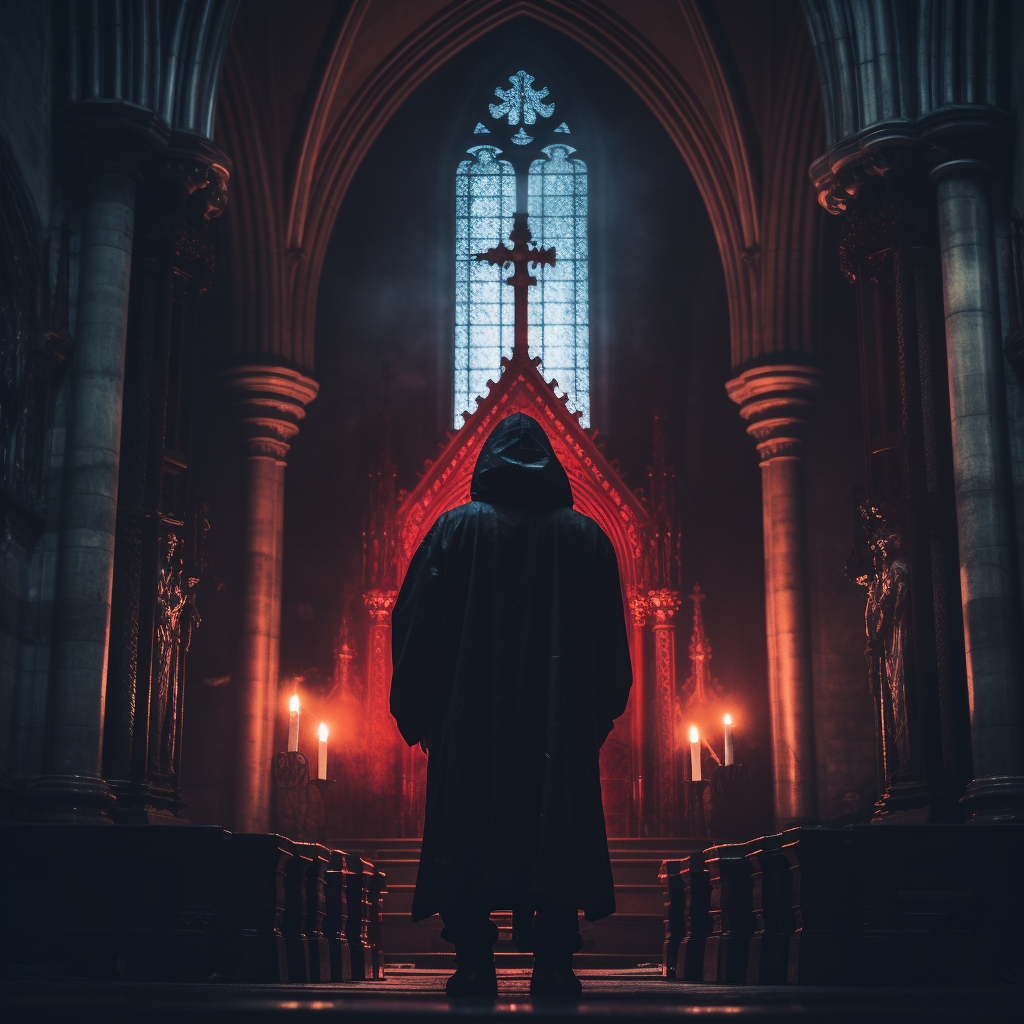 Hooded cultist in lit church