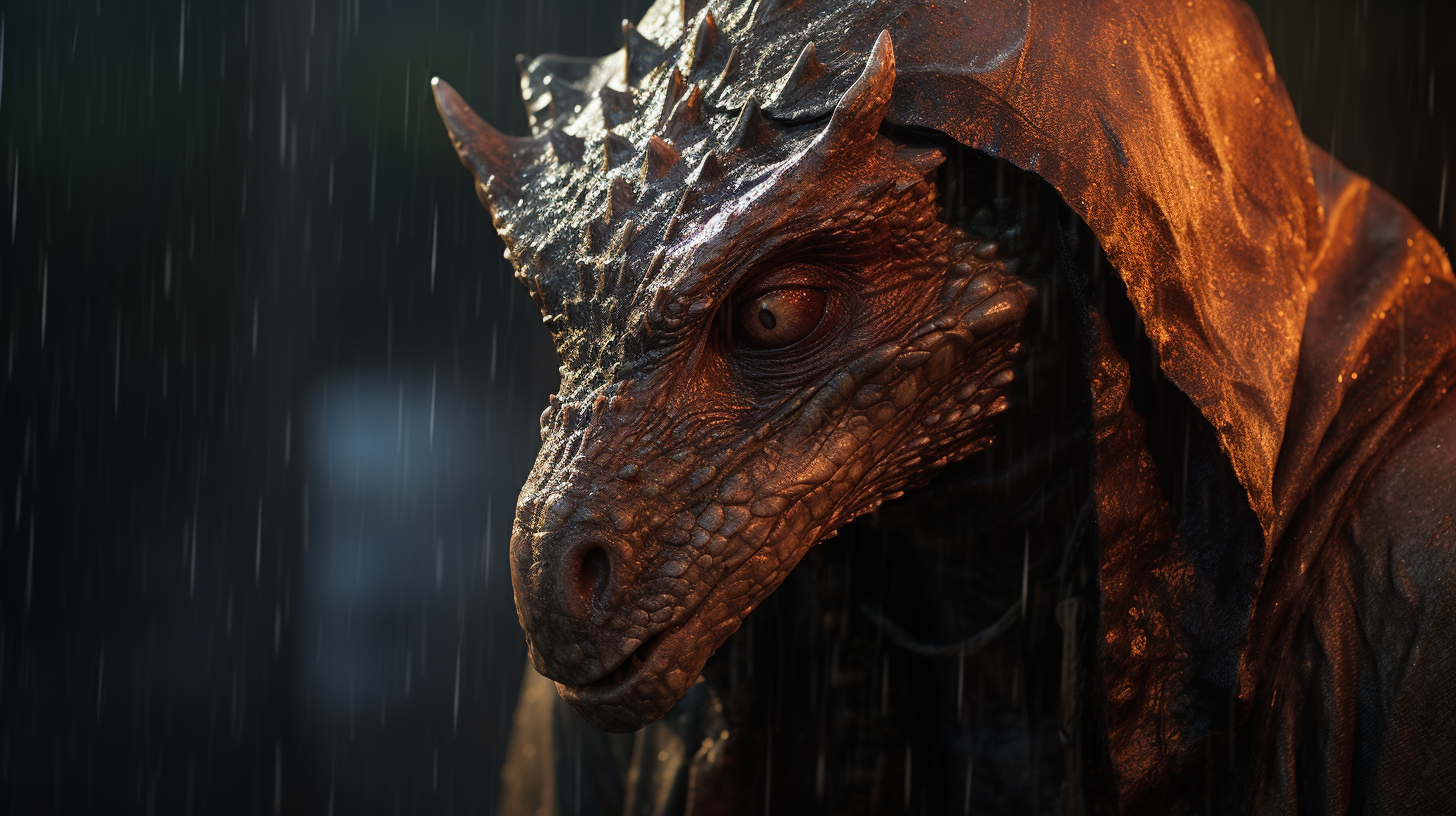 Close-up of hooded dragonborn in rain