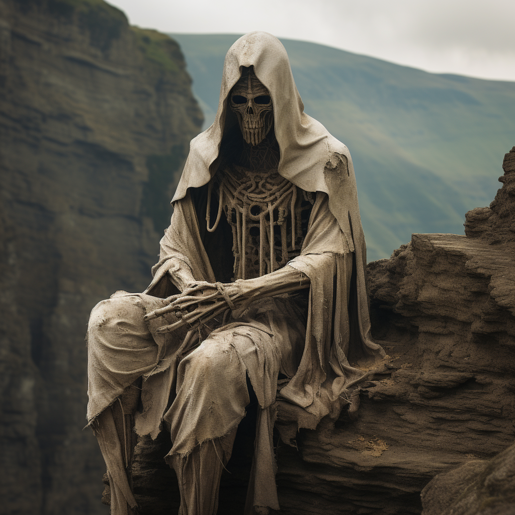 Hooded elf with bone wand guarding mountain pass