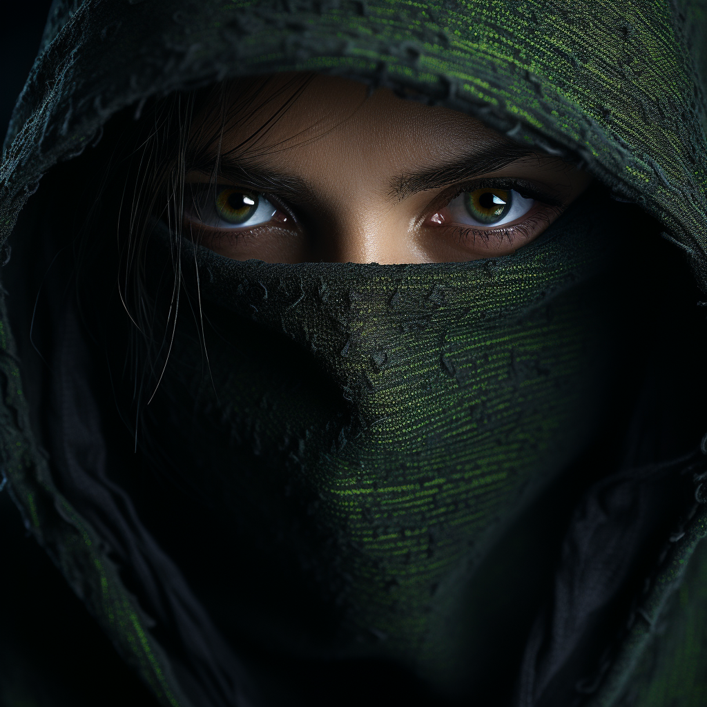 A person with a dark hood and bright green eyes