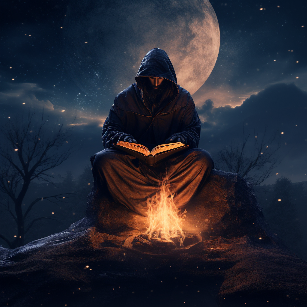 Lonely hooded figure reads a book by the campfire