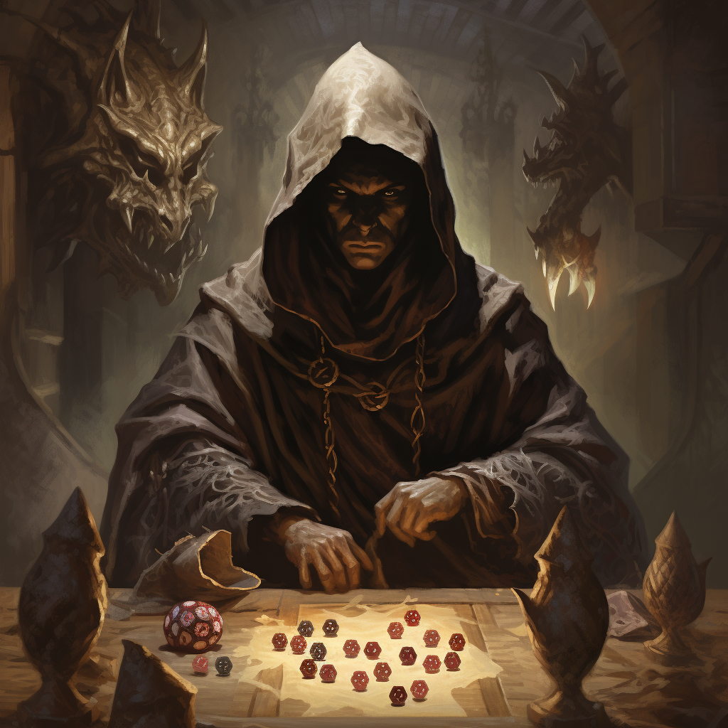 Illustration of a Hooded Game Master controlling a dragon