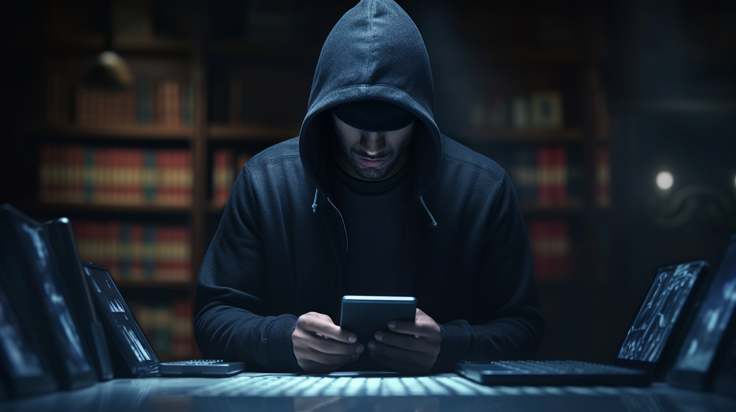 Hooded Hacker with Smartphone Controlling Money