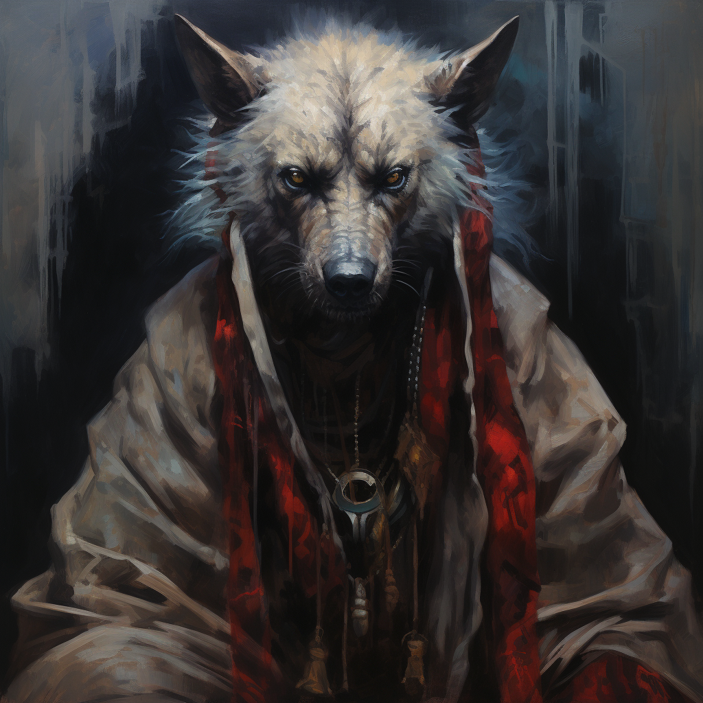 Terrifying hooded hyena shaman with dark magic