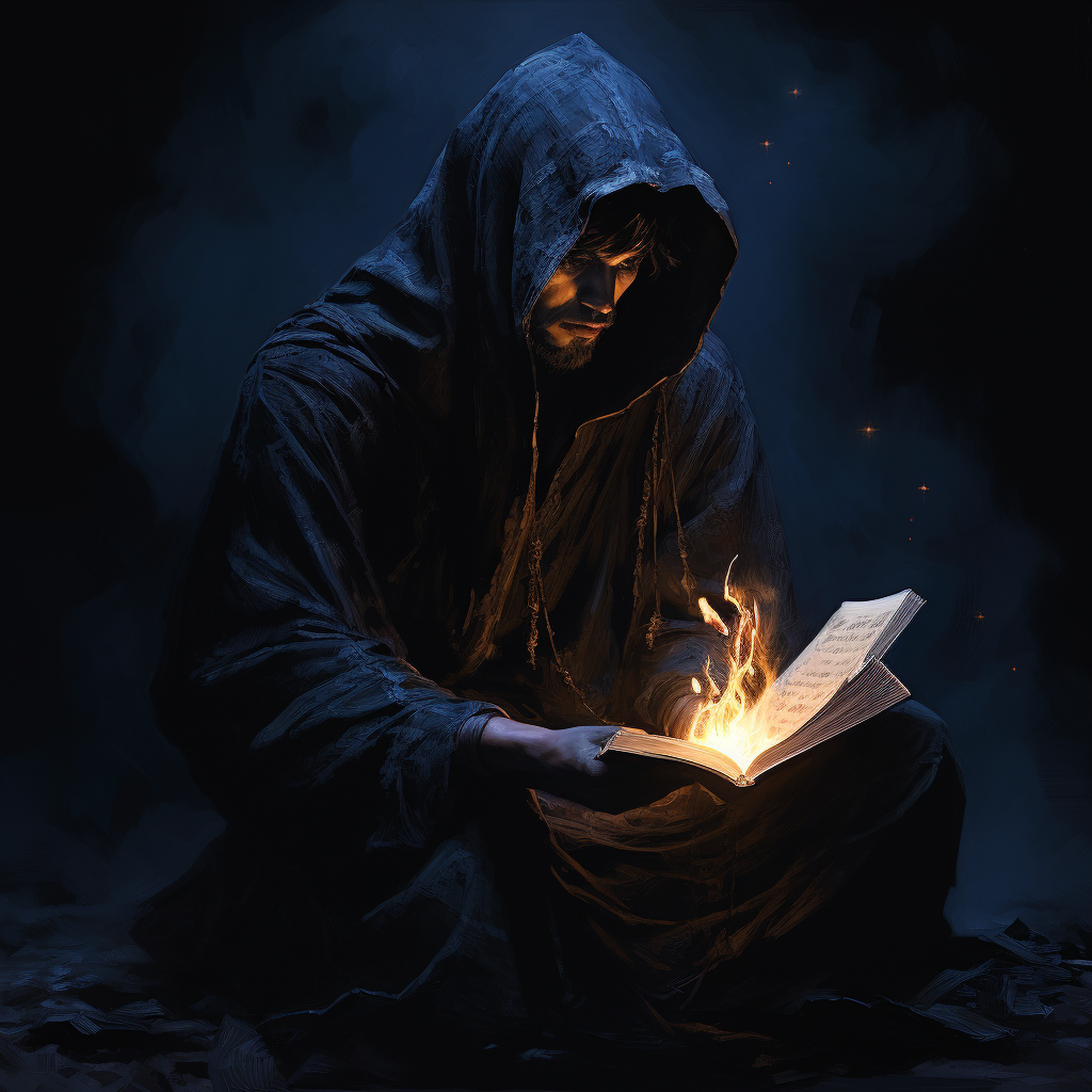 Hooded man reading from a mysterious book in a blue glow