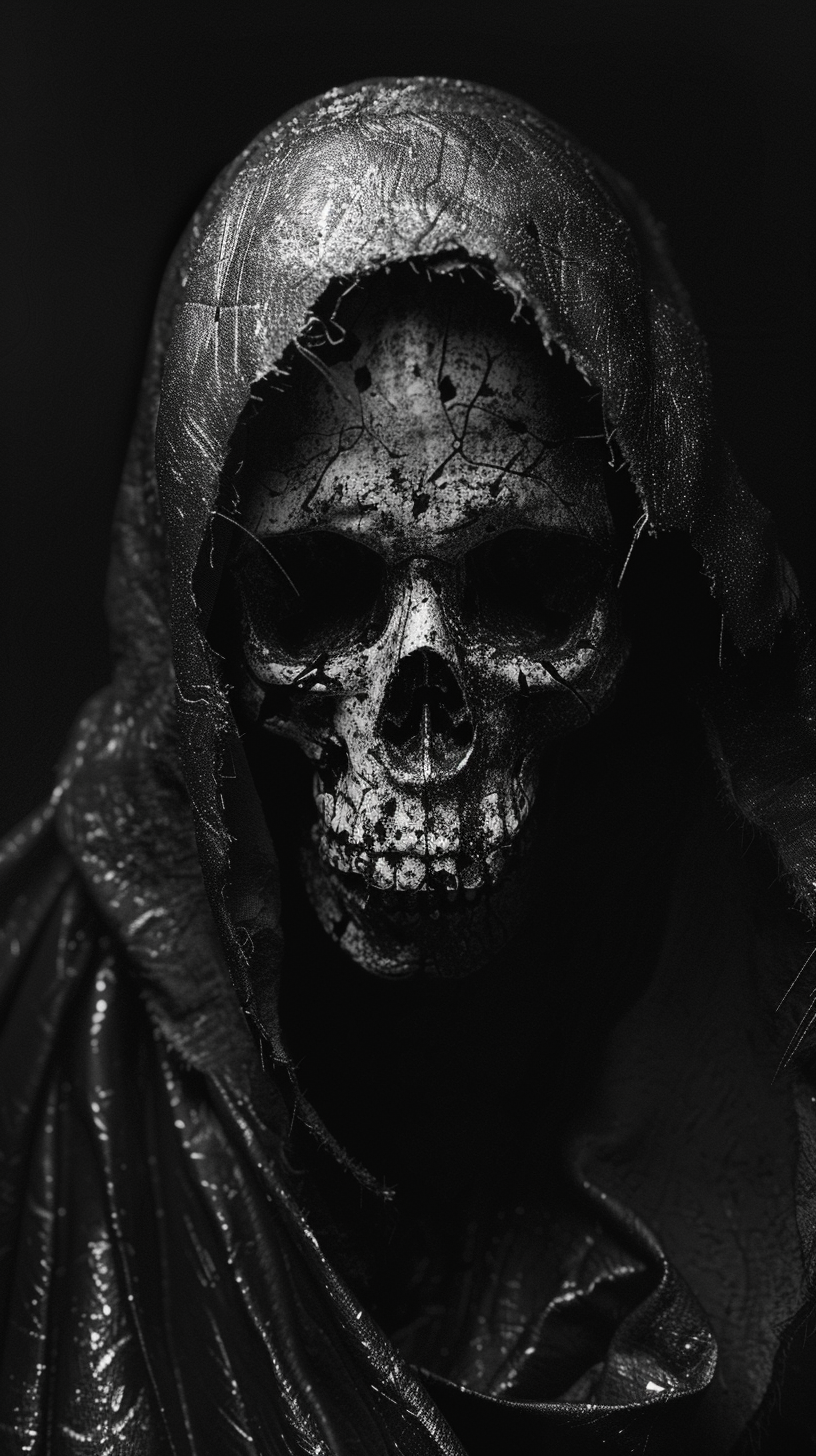 Hooded Skull Black and White Drawing