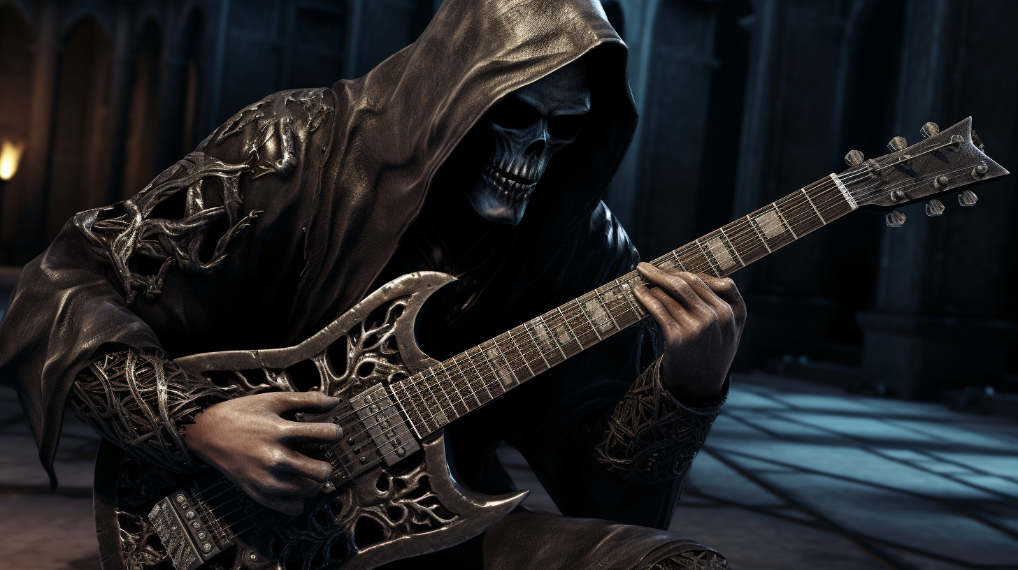 Heavy Metal Guitar Player with Hooded Skull Mask