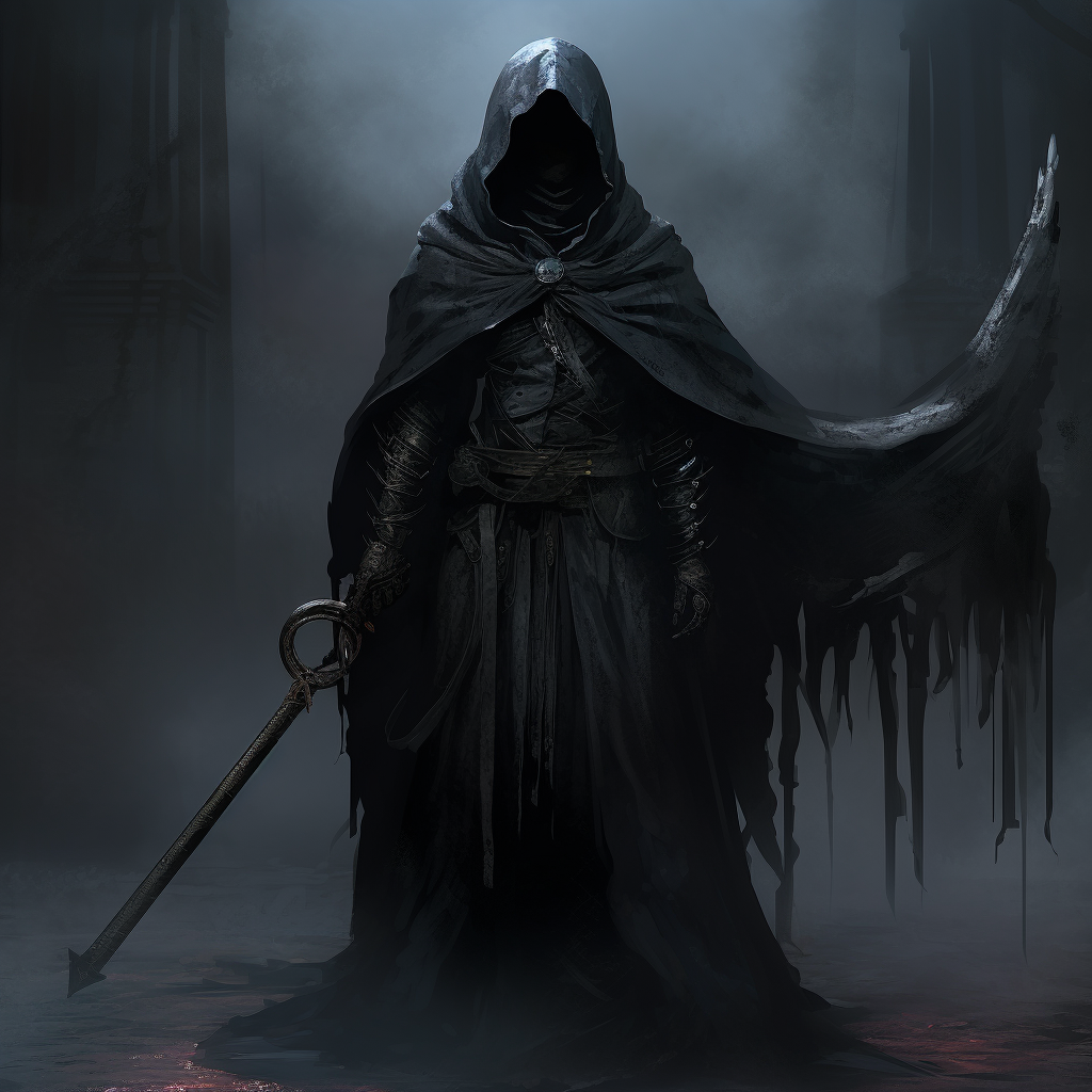 Mysterious hooded woman wielding a powerful scythe