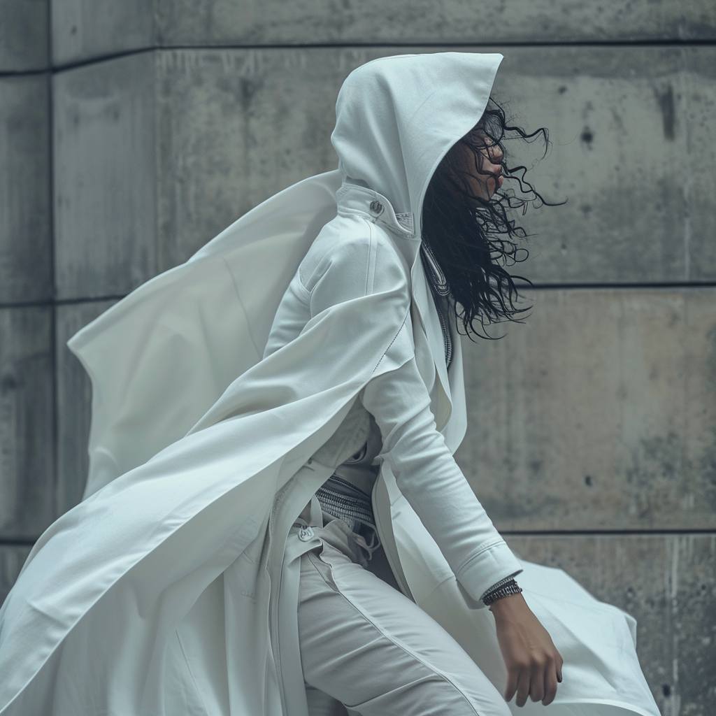 Hooded Woman in White Trenchcoat