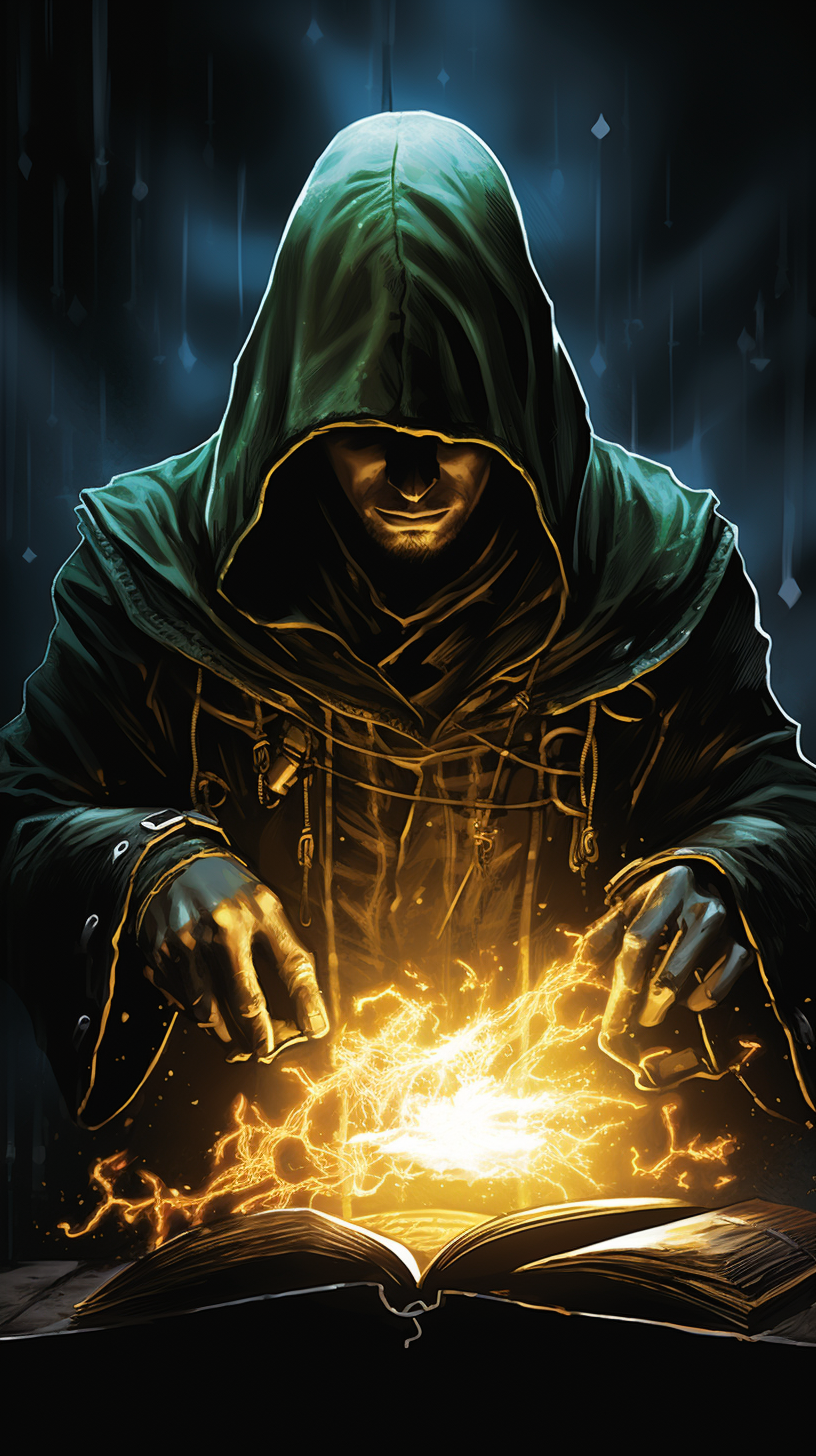 Hooded mage casting spell with quill pen