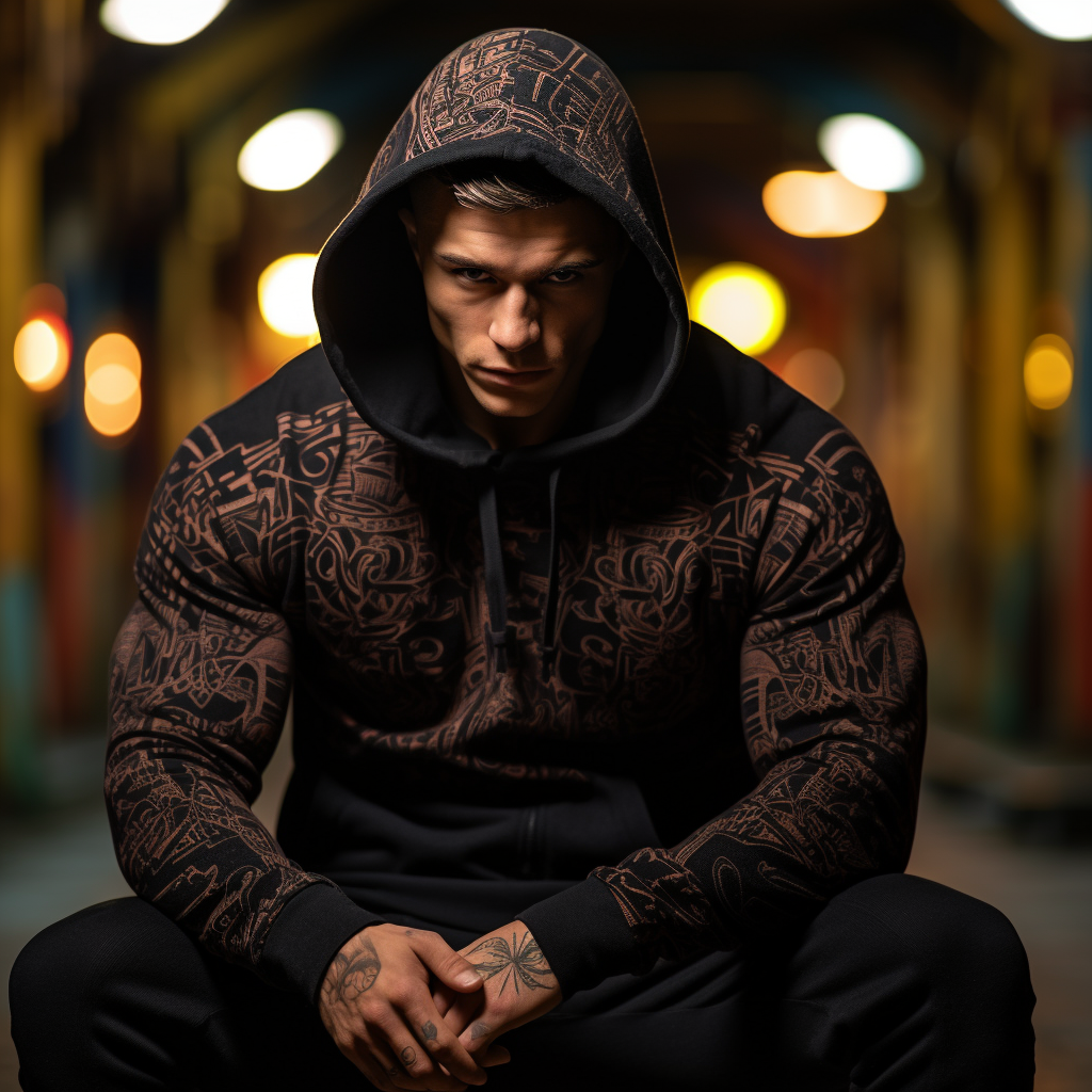 Model wearing a hoodie during street workout