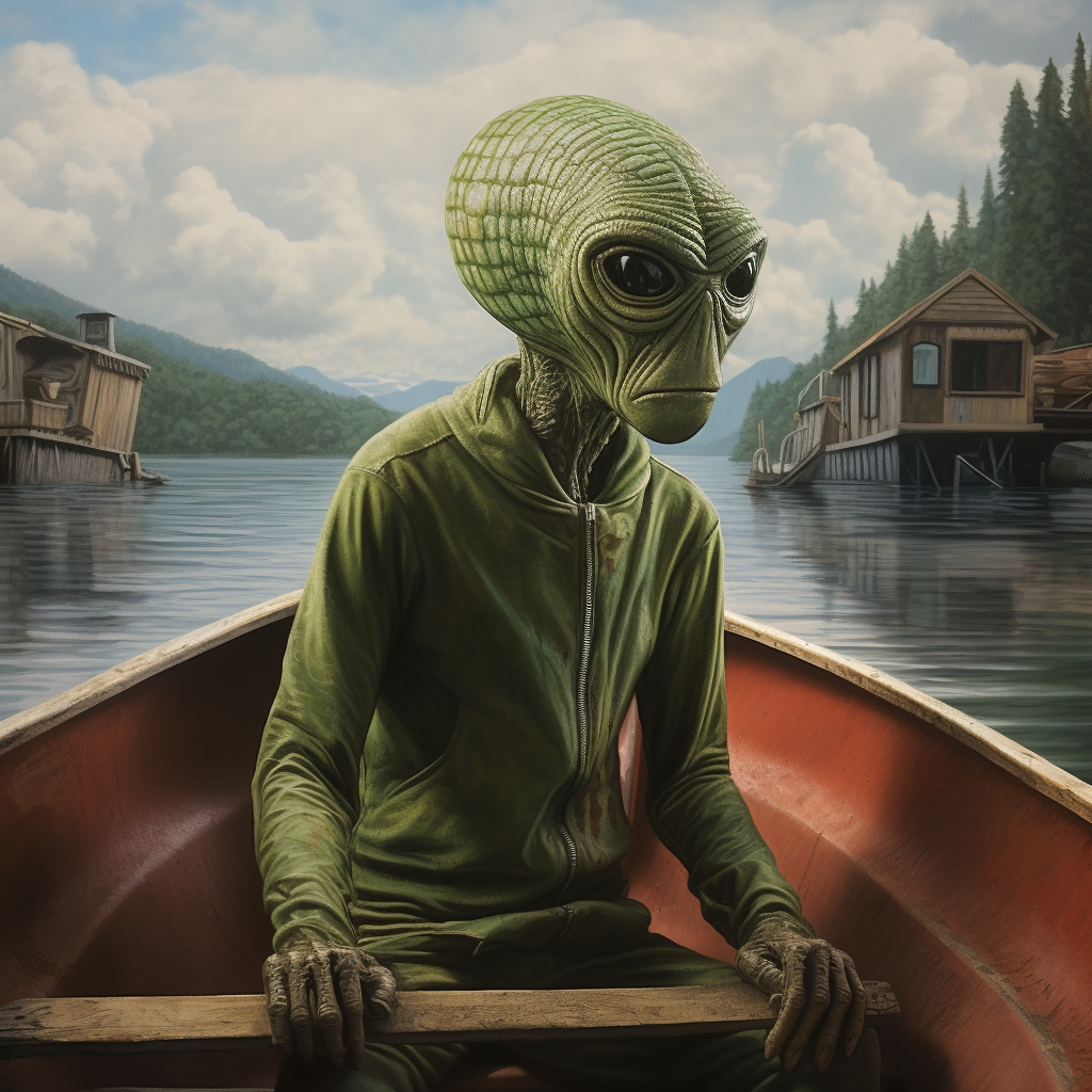 Hooligan green alien in boat looking up