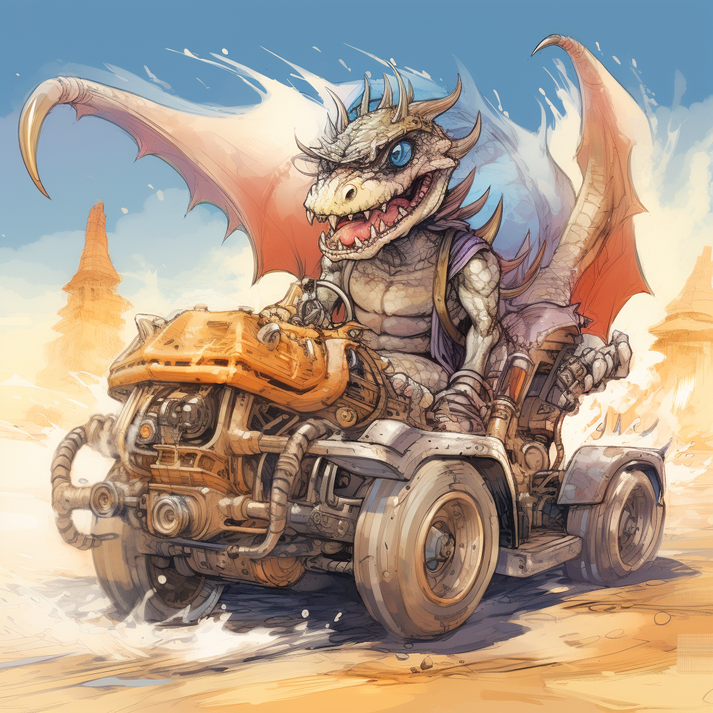 Vibrant manga-style dragon driving beach buggy