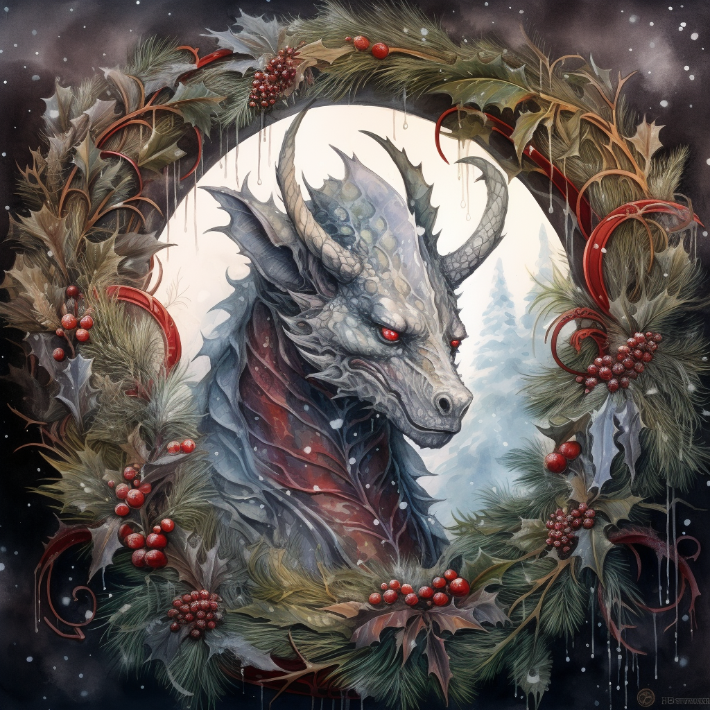 Beautiful watercolor illustration of a horned dragon in a Christmas setting