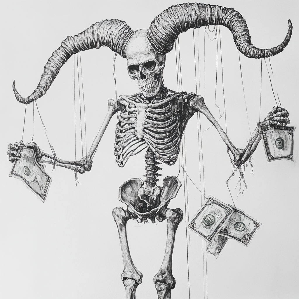 horned skeleton controlling puppets chasing bank notes, detailed drawing