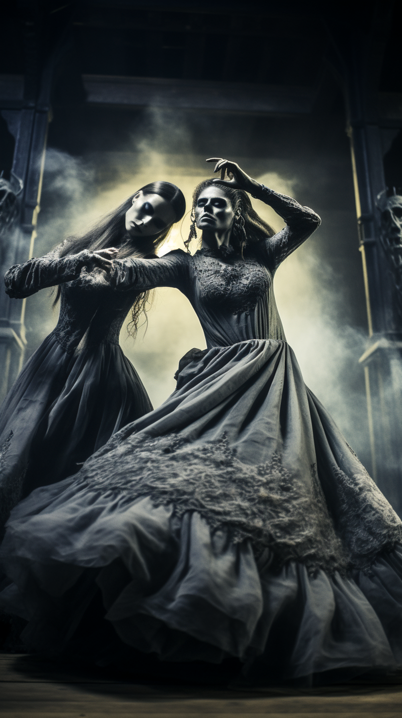 Two women dancing in horror beauty style