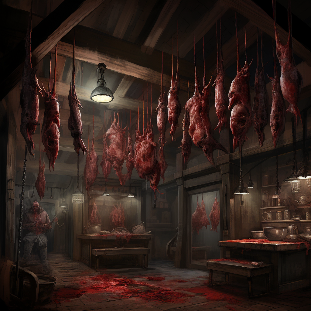 Mutated creatures hanging in horror butcher shop