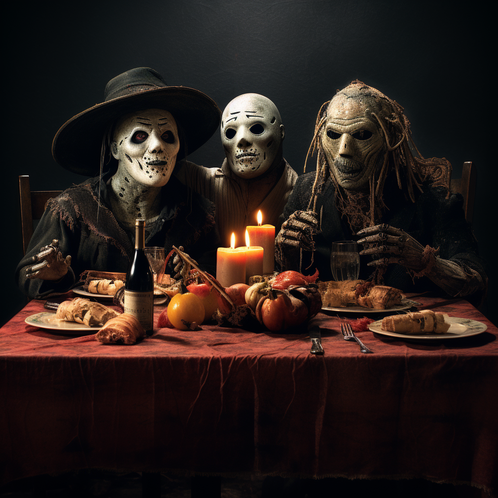 Jason, Michael Myers, ghost face, and Freddy having dinner