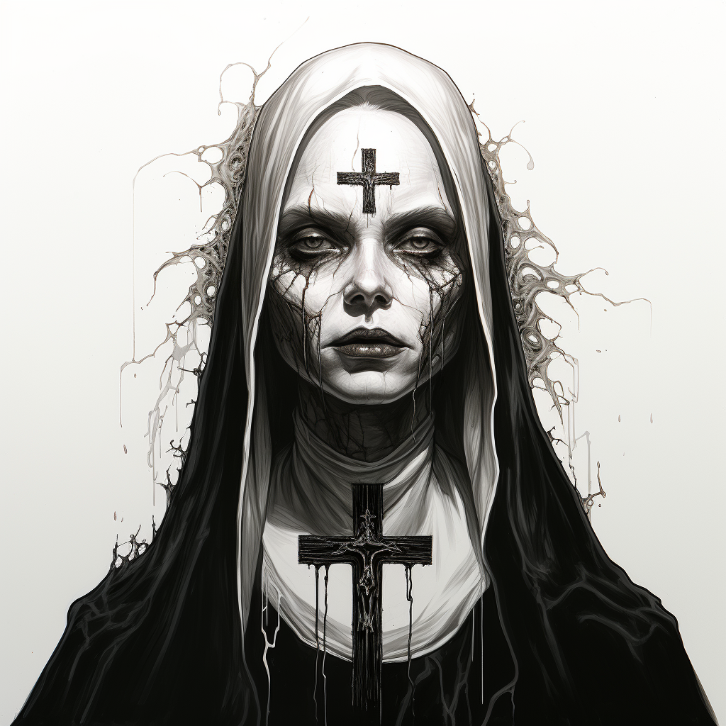 Intimidating horror nun in black and white
