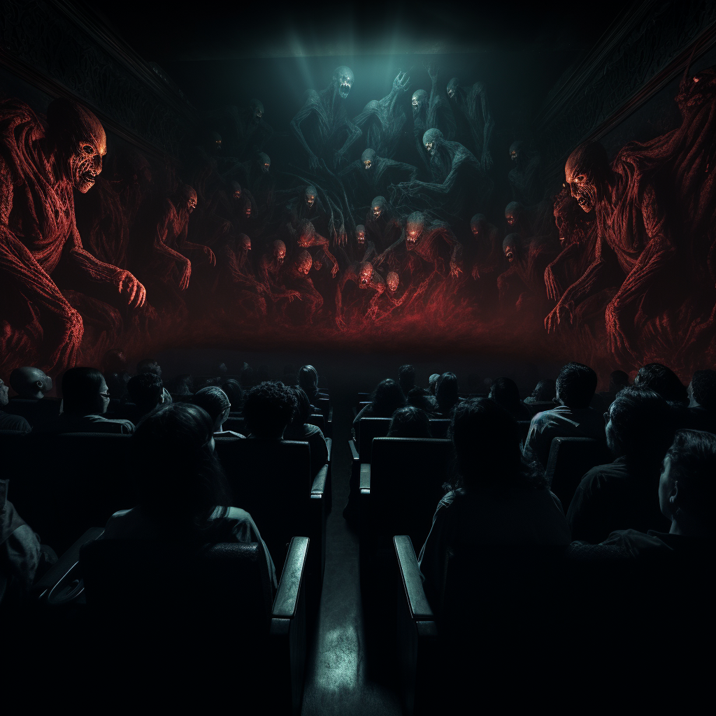 Horror projection room with seated people