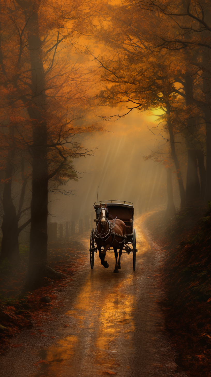 Horse-drawn carriage in rainy forest