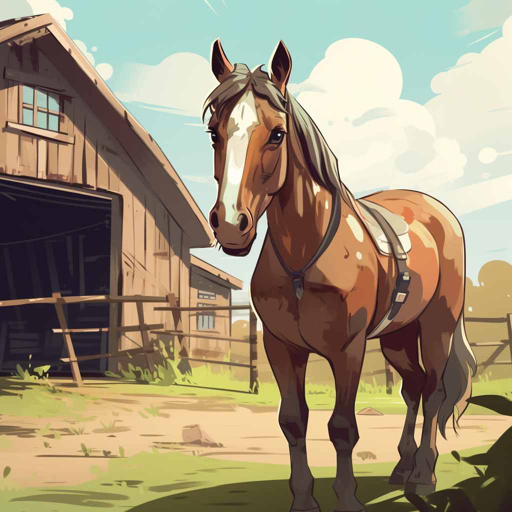 Cute Cartoonish Horse in front of Barn