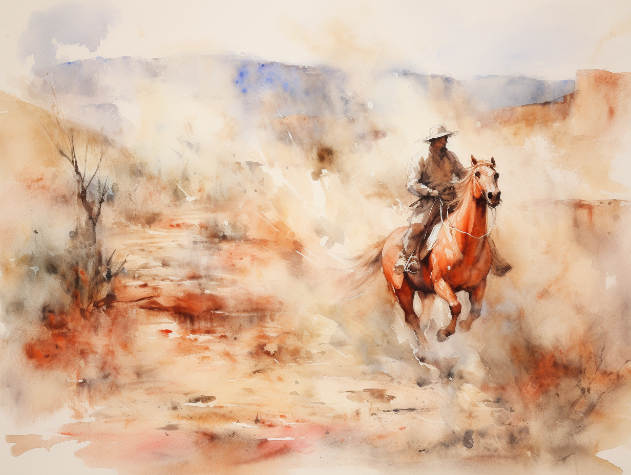 Watercolor painting of horse galloping in wild west