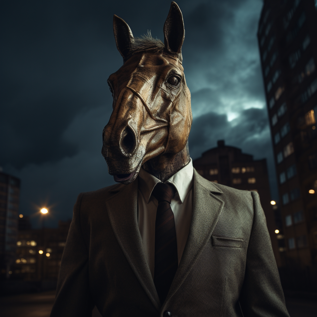 Horse head man in city