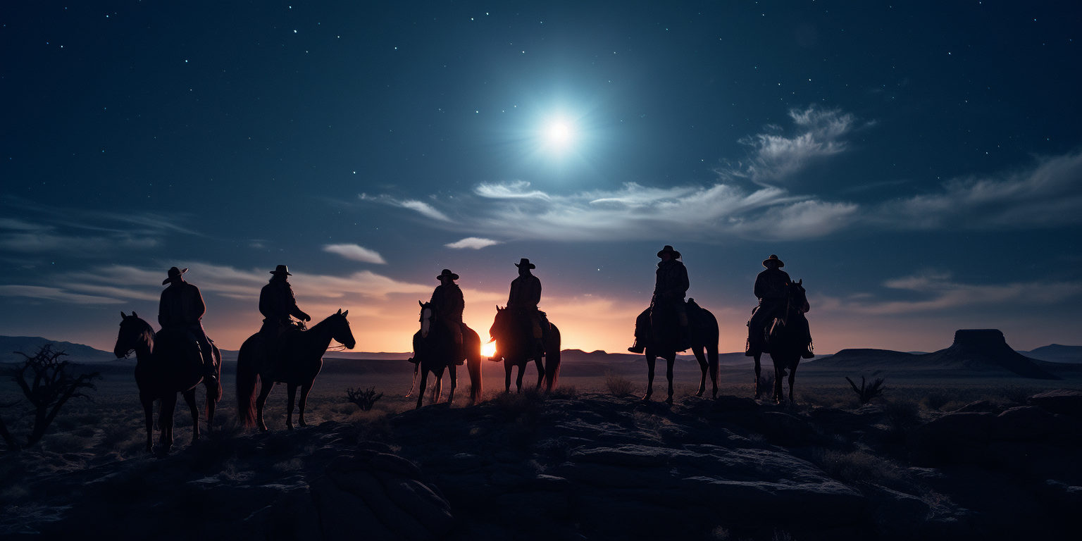 Group of horse riders in circle under a beam of light