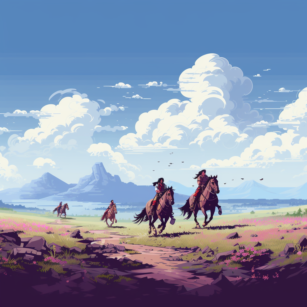 Group riding horses on flatlands