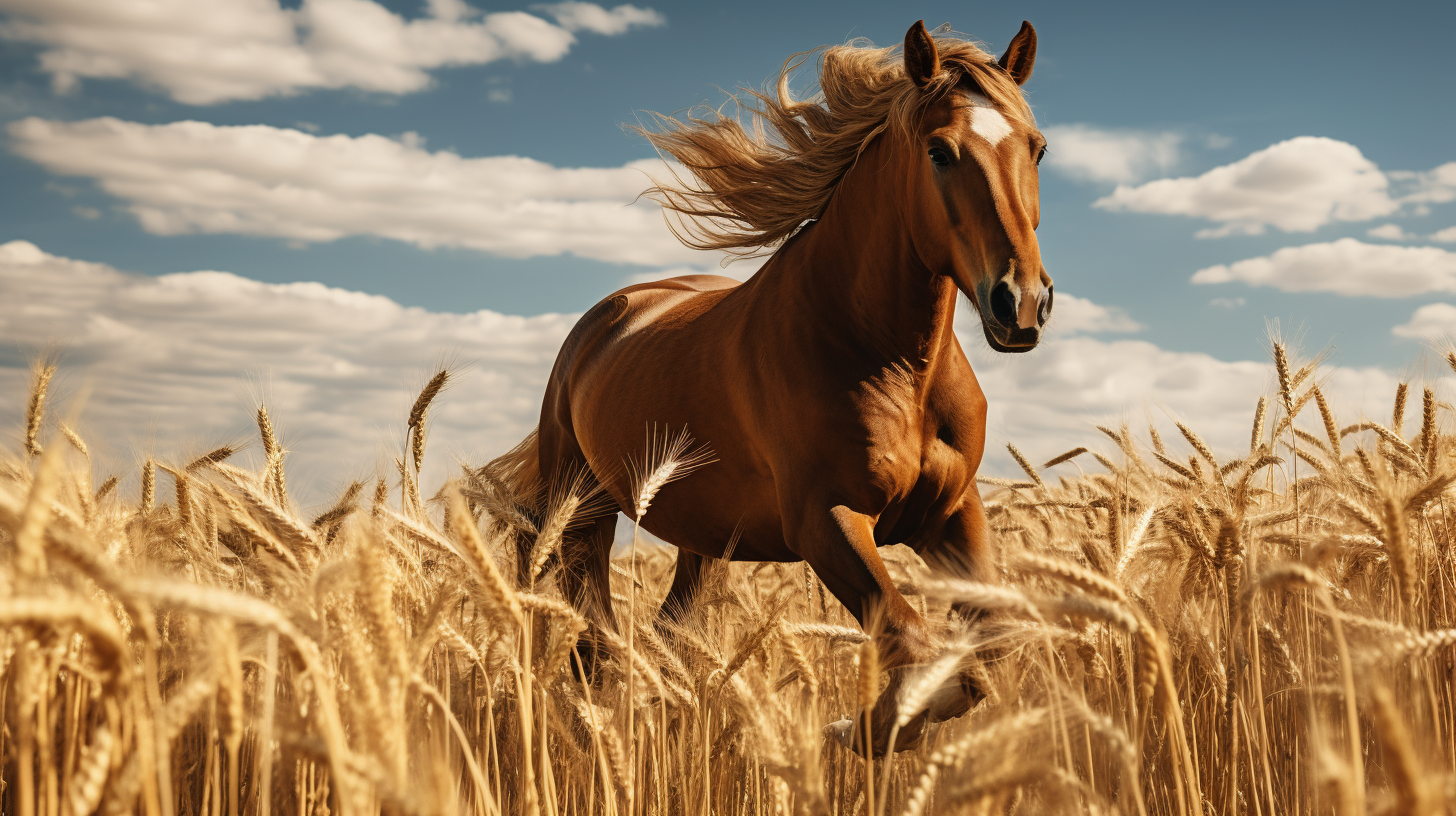 Hyper-realistic commercial photography of a horse in a wheat field