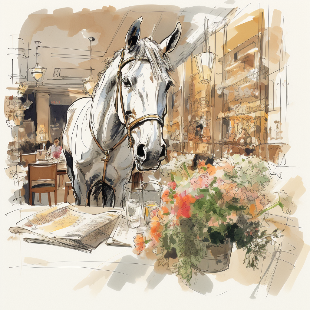 Horse enjoying dinner at fancy restaurant