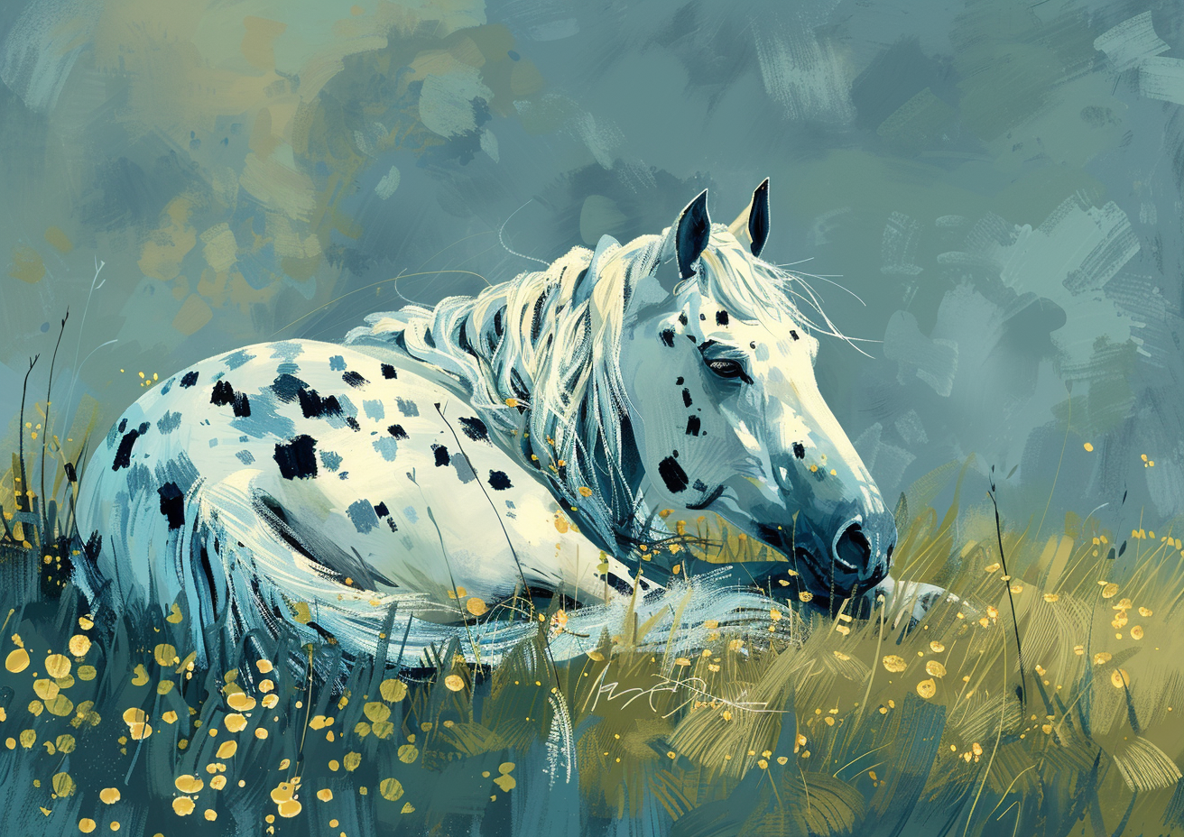 Horse in Field with Mint Green Background