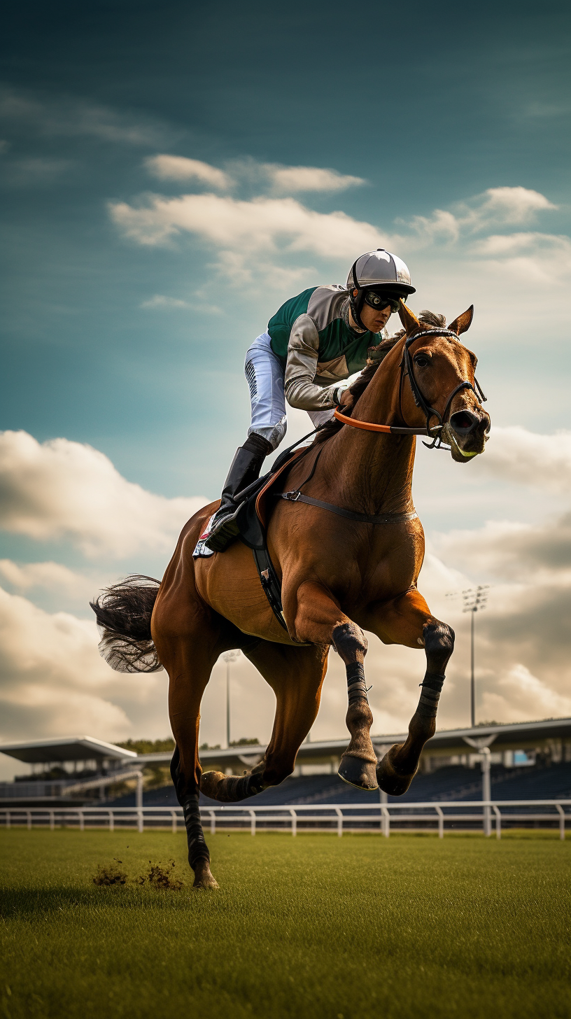 Young man riding horse on racing track