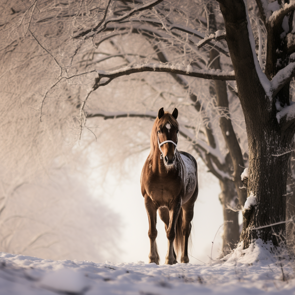 Majestic horse next to snowy tree