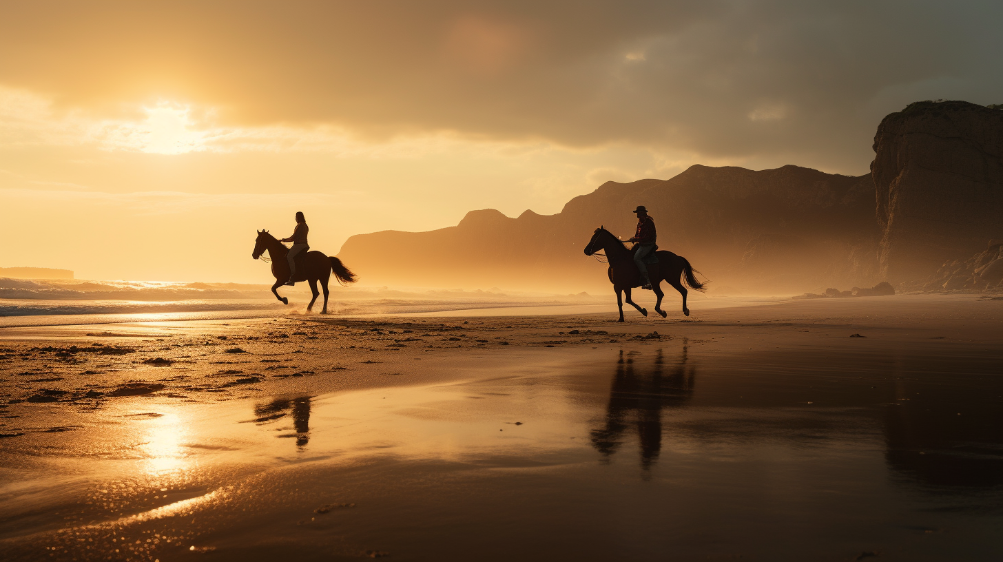 Two people horseback riding on the beach