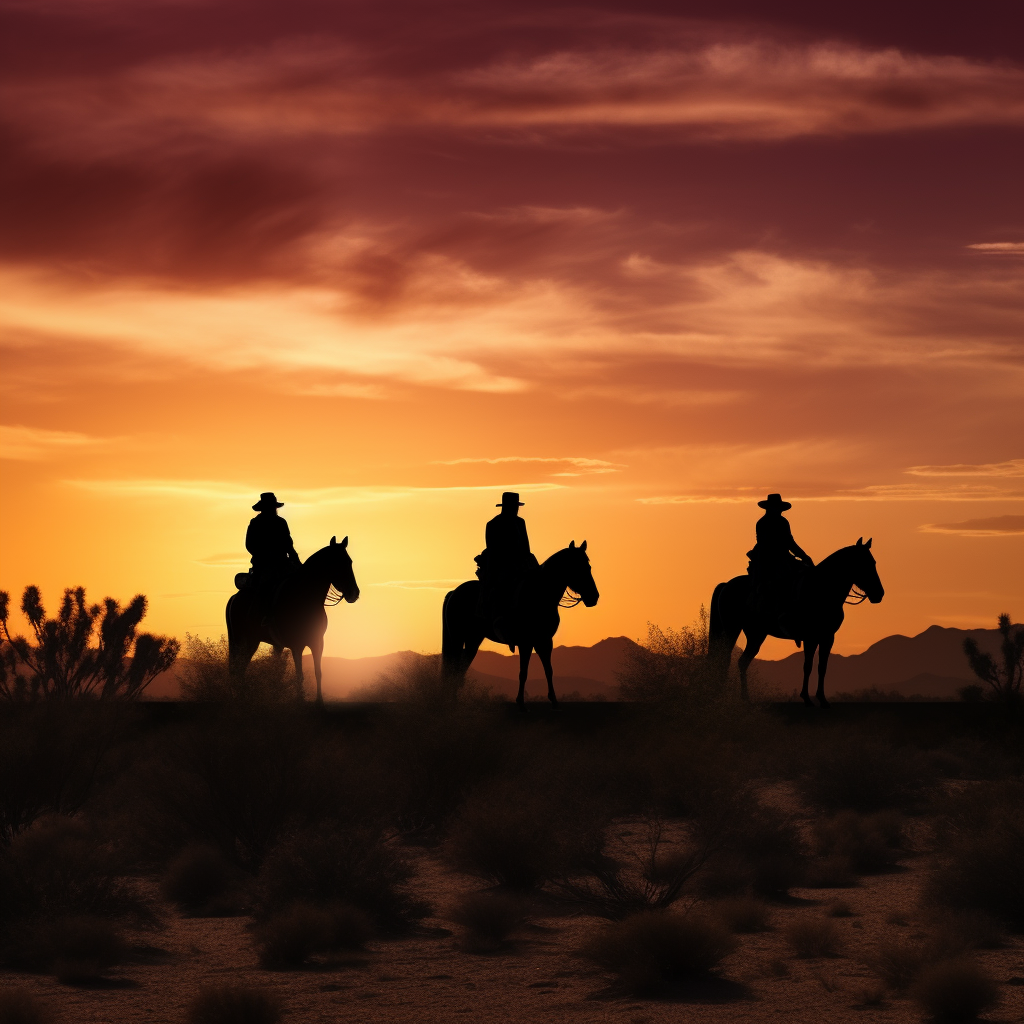 Silhouette of horsemen riding into the sunset