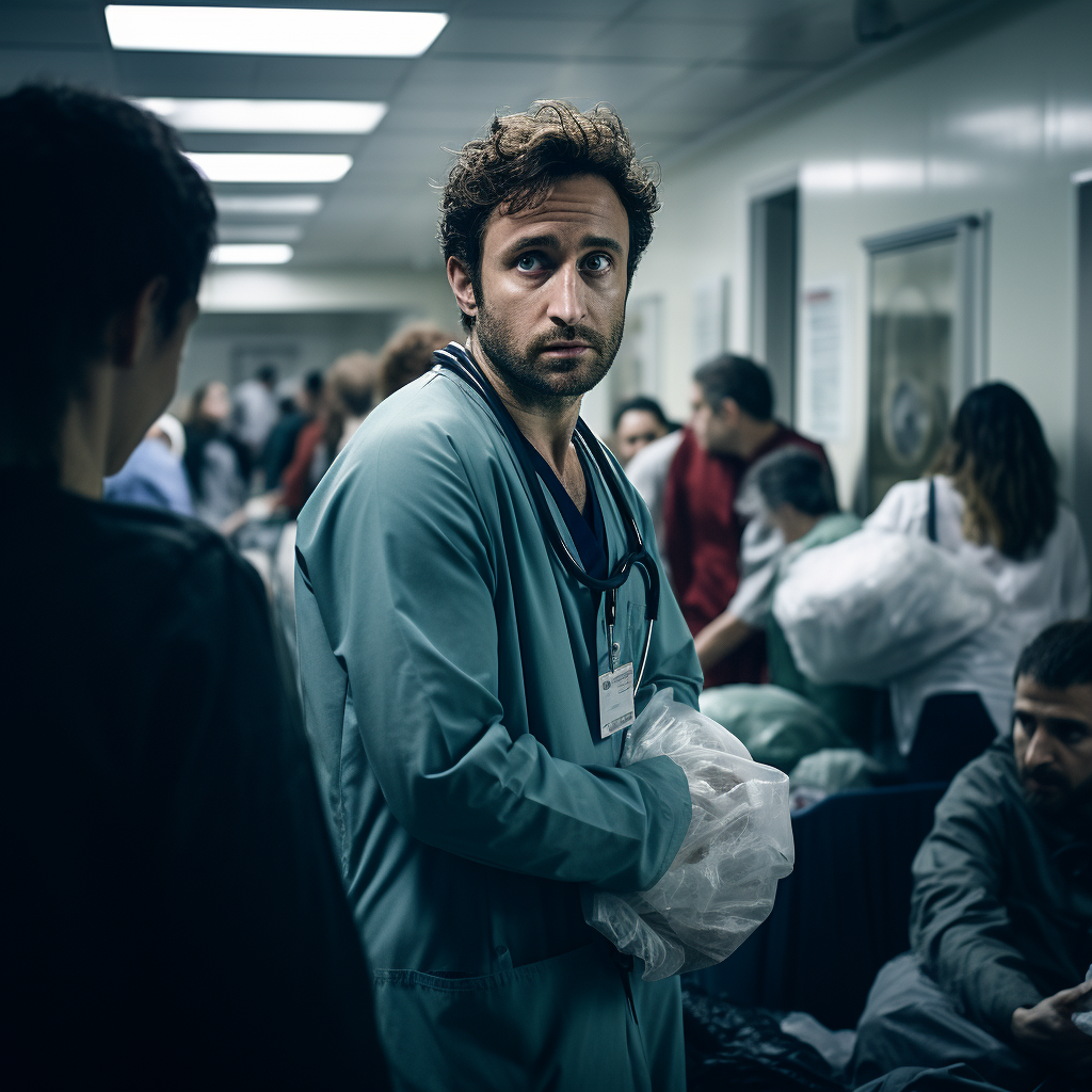 Exhausted doctor helping patients in overcrowded hospital