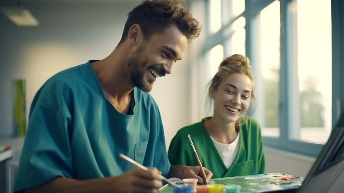 Doctor and patient painting together in hospital room