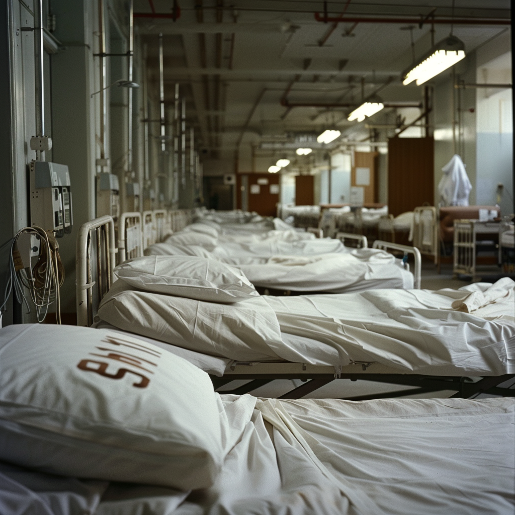 Hospital general ward with beds and patients