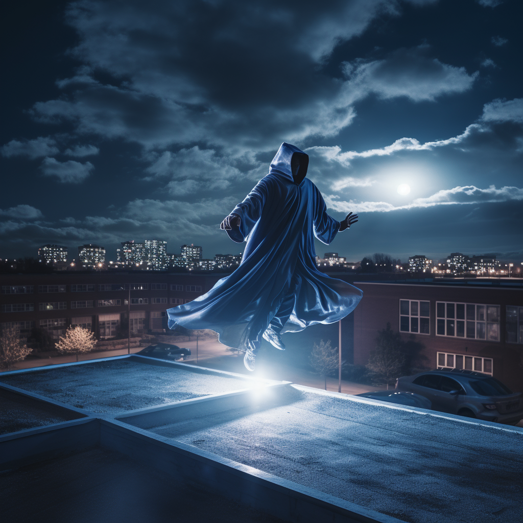 Magic monk wearing blue scrub robes landing from rooftop