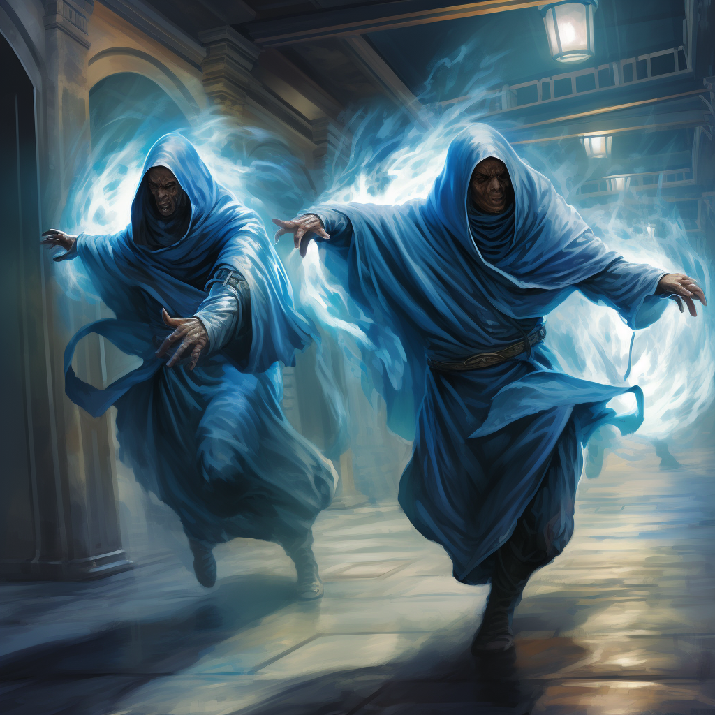 Two magic monks wearing hooded robes fighting in hospital ward