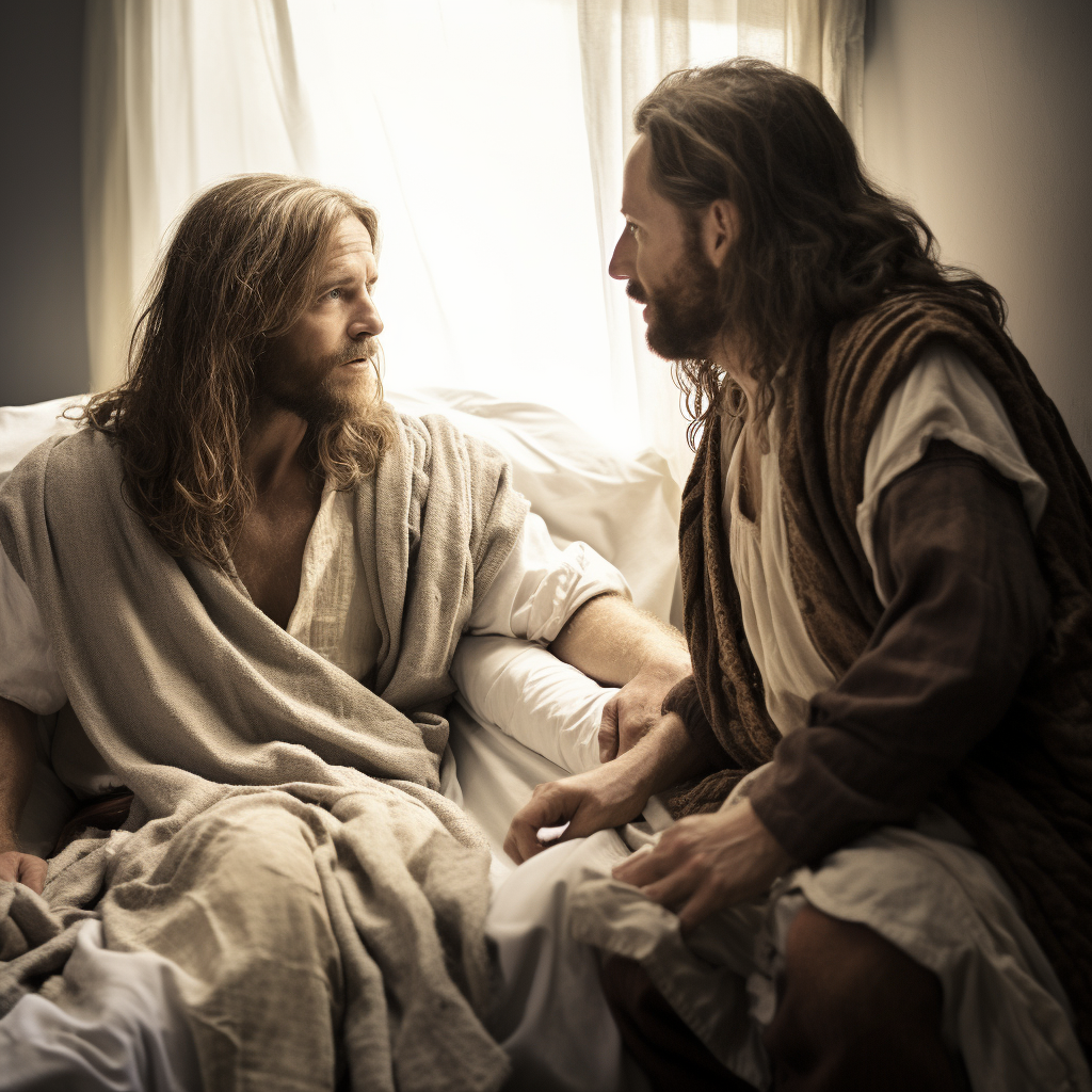 Jesus comforting a patient in a hospital bed