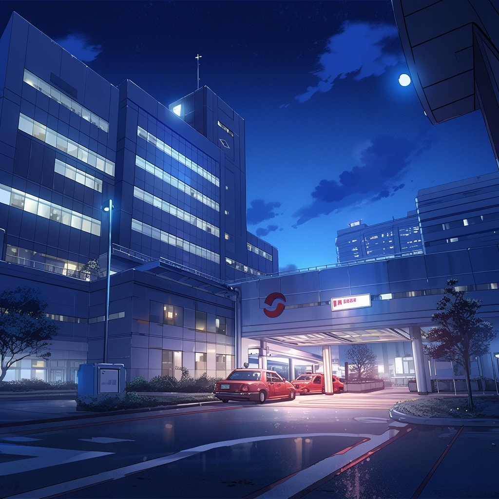 Nighttime Anime Hospital Exterior