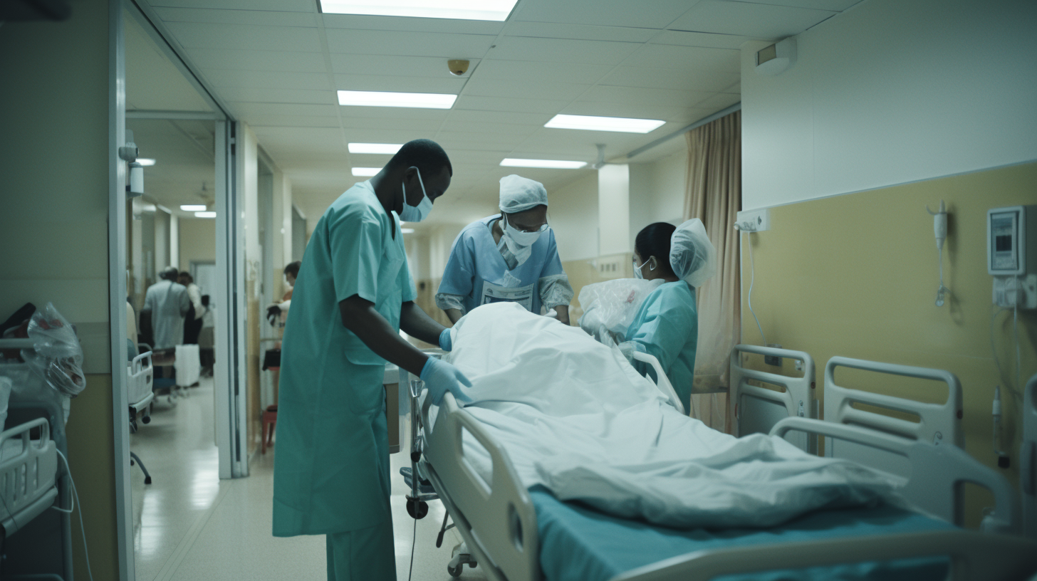 Doctor and nurse treating patients in crowded hospital