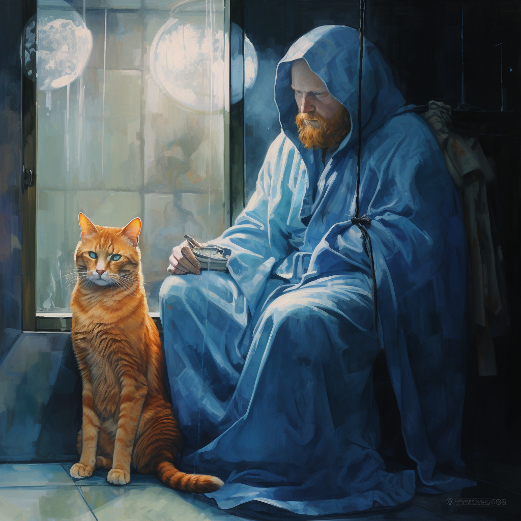 Magic monk with ginger cat by hospital ward