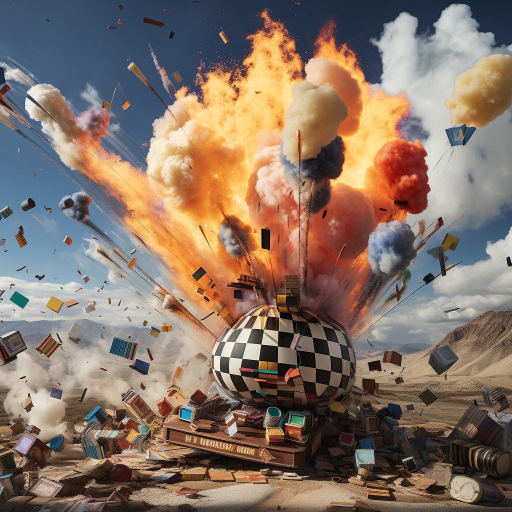 Vibrant hot air balloon explodes across chessboard