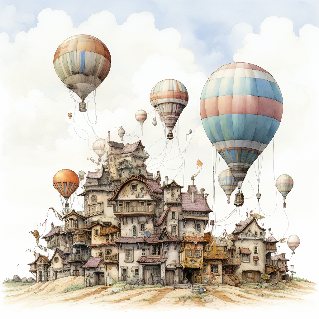 Hot air balloon village pastel colors